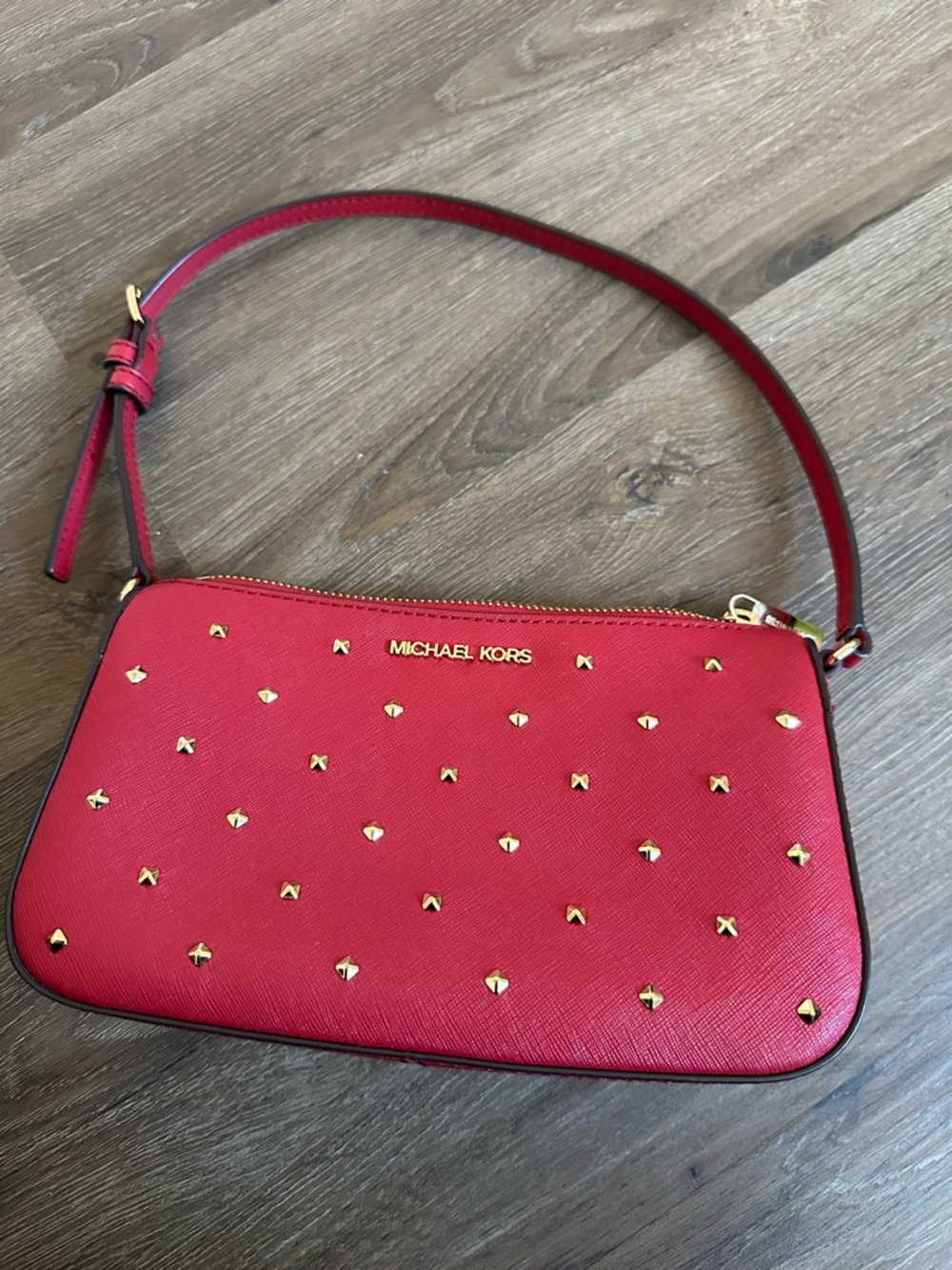 MICHAEL KORS Red Leather Studded Crossbody Wristlet